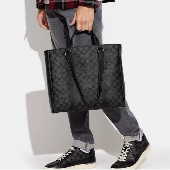 Coach Hudson Double Handle Tote Signature Canvas & Leather Charcoal Black UNISEX - Picture 4 of 4